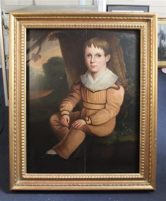 Early 19th century English School Full length portrait of a boy seated in woodland 31 x 24in.